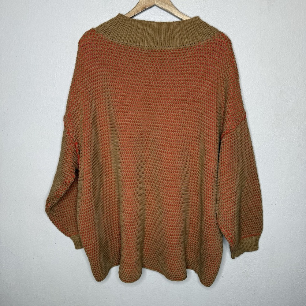 So Me Oversized V-neck Two Toned Textured Sweater Orange Boho Fall Women's Large - Picture 6 of 11